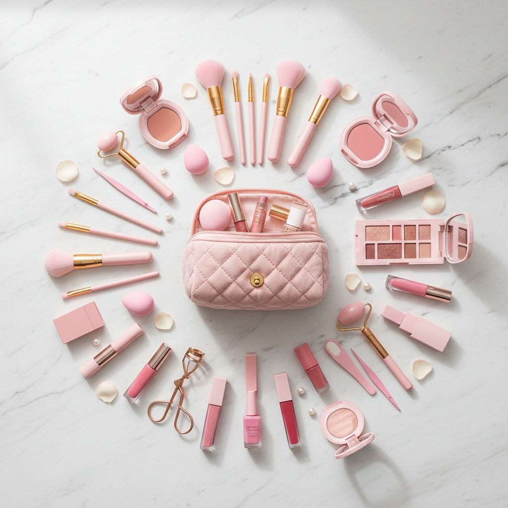 Elegant flatlay av 40-delars makeupset med rosa kosmetikväska på vit marmor